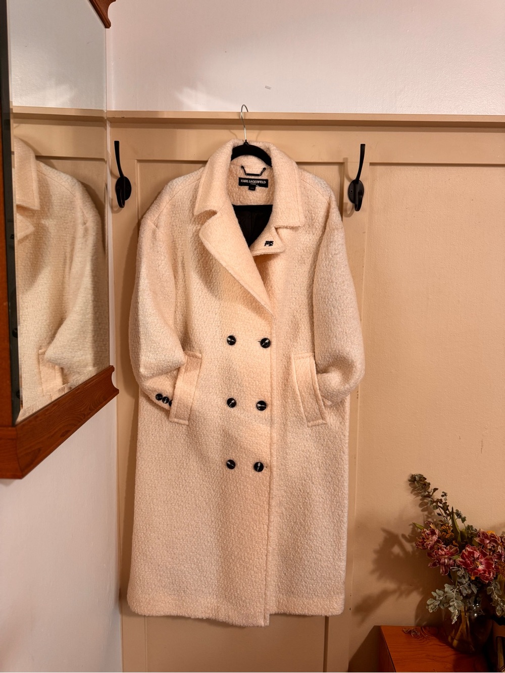 Karl Lagerfeld Cream Double-Breasted Teddy Pea Coat